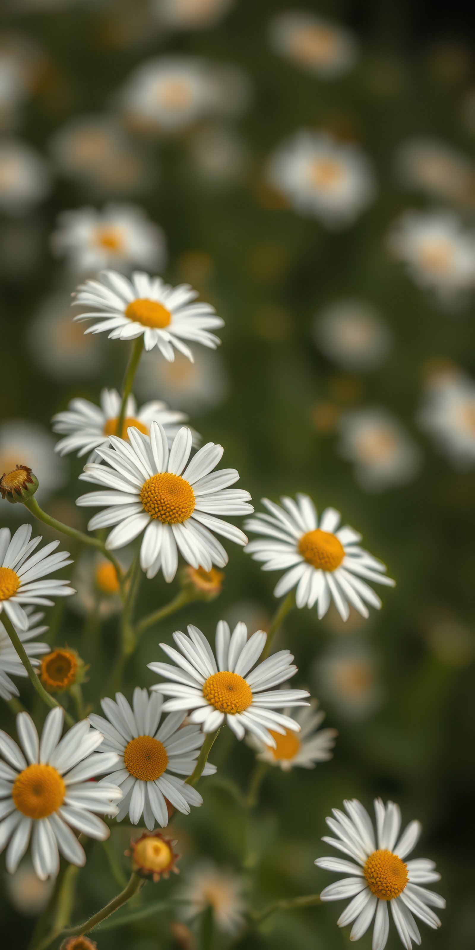 Beautiful daisies bloom in a lush green field during a sunny day in spring